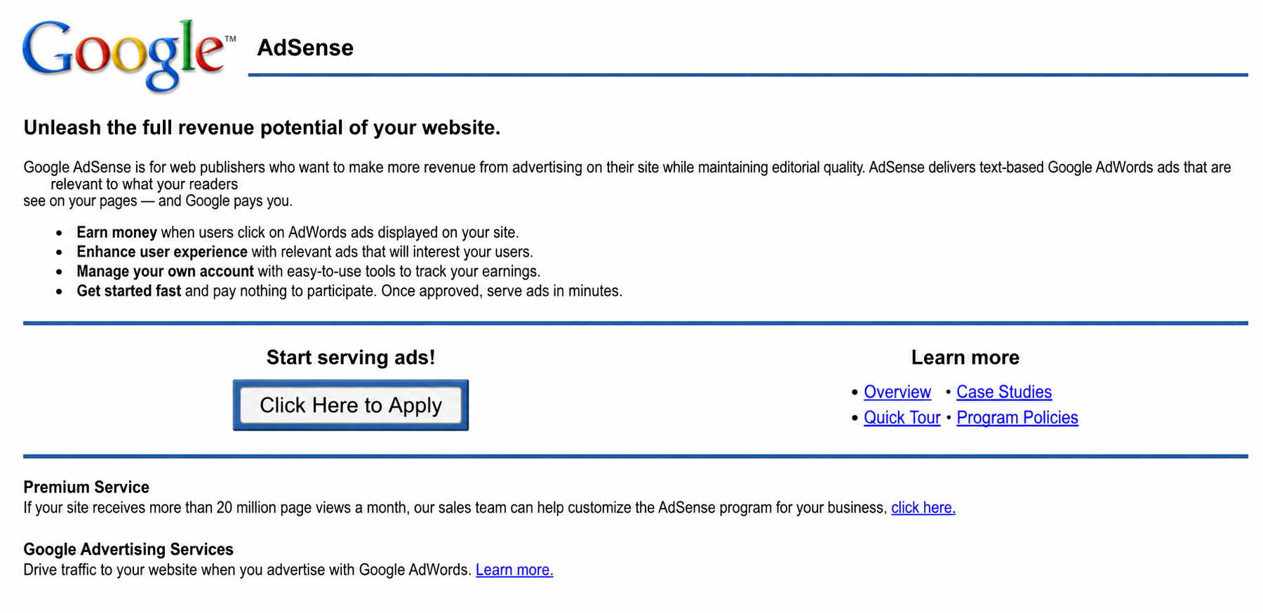 Classic Google AdSense sign-up page from the early 2000s
